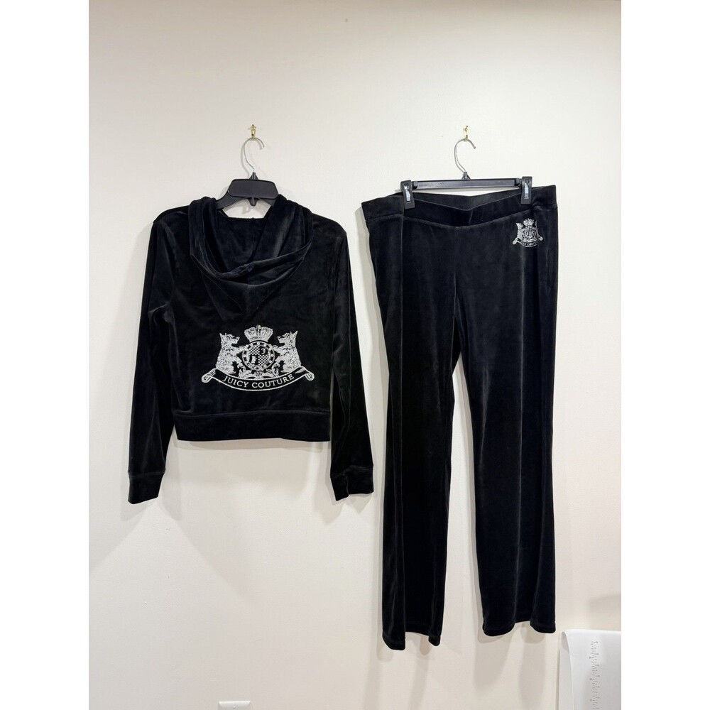NWT Juicy Couture Black Velour Tracksuit Set XL Silver Crest Logo Y2K
